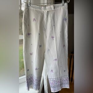 Carroll Reed White Linen Embroidered Wide-Leg Cropped Pants Purple & Navy Sz 12